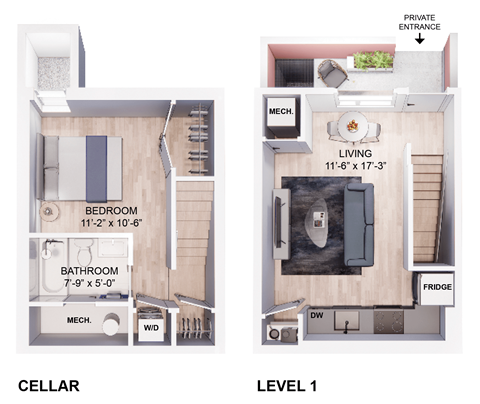 Floor plan for 1 bed, 1 bath, 580 sqft